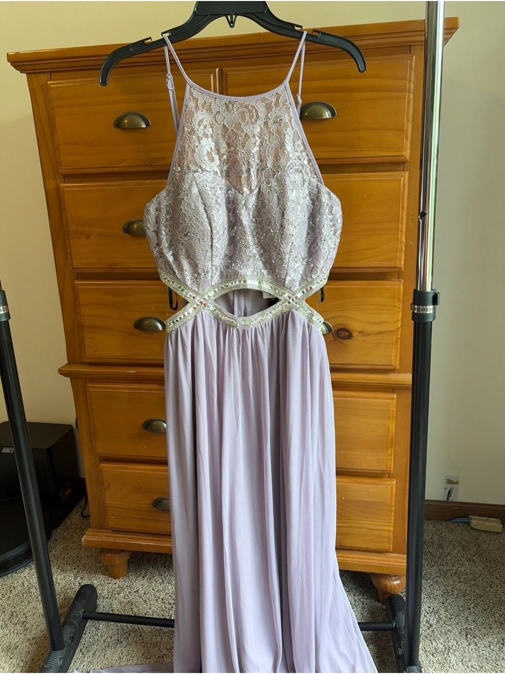 Kohl's Lilac Lace Halter Evening Gown with Beaded Cutouts